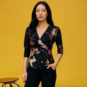 Floral V-Neck Belted Top with 3/4 Sleeves